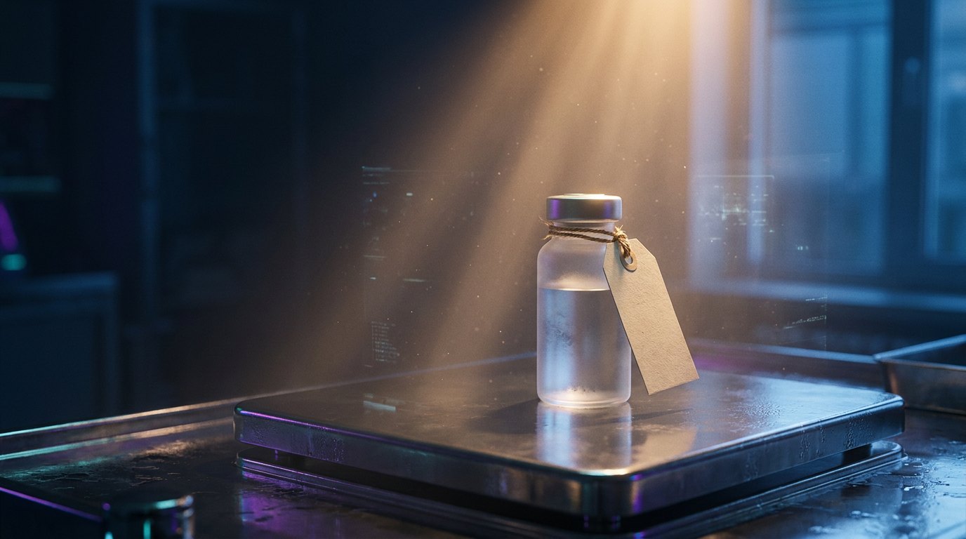 A single sealed glass medical sample vial standing on a polished steel weighing scale, a blank paper price tag tied to it with string