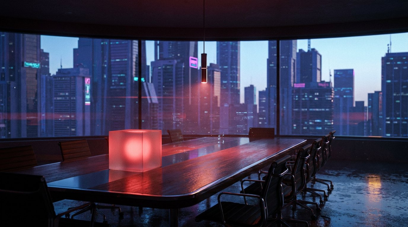 An empty boardroom at night, chairs pushed in, city lights through the windows, a single glowing cube of light still sitting in the middle of the long table under one lamp
