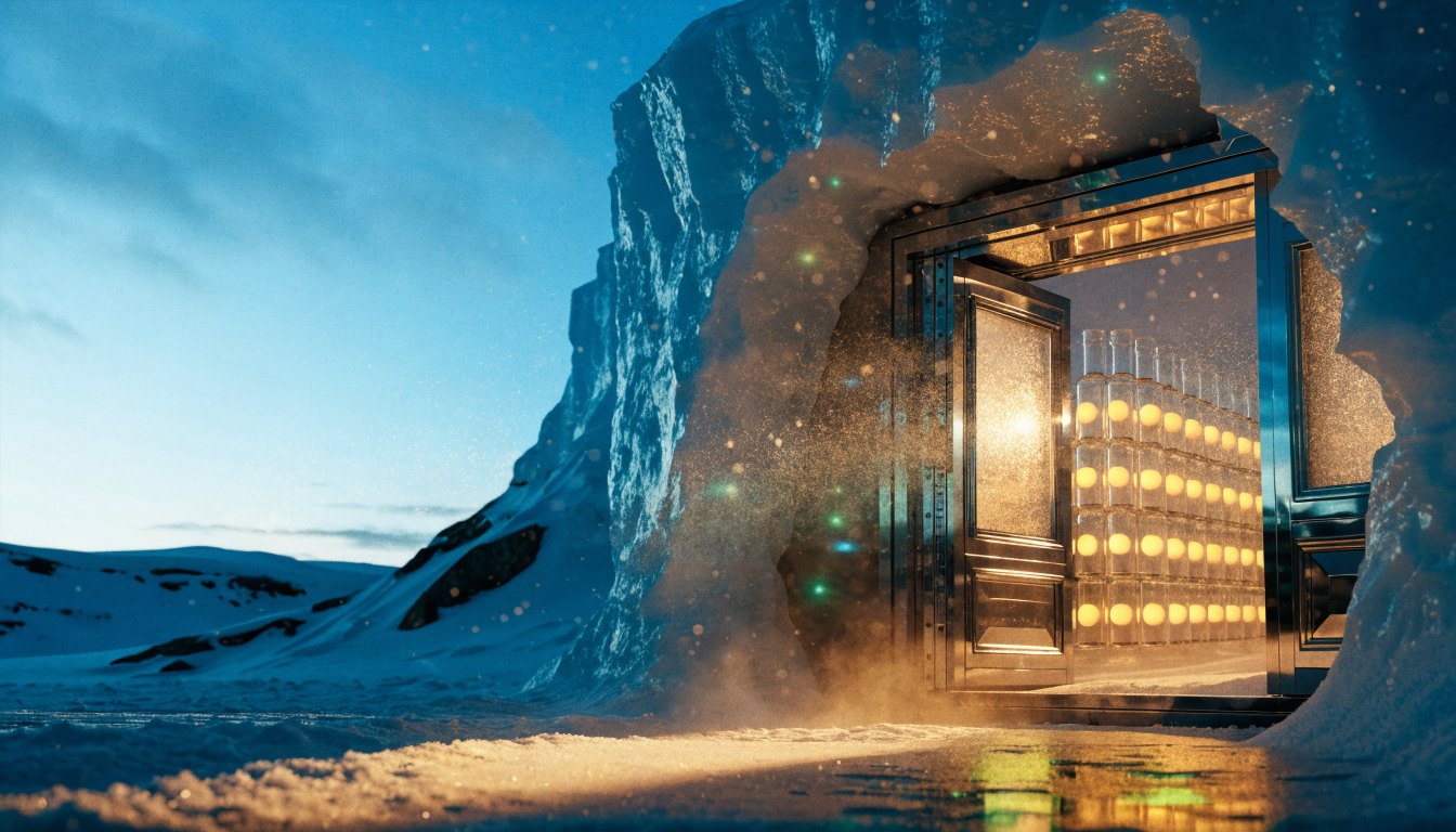 The door of a vault cut into arctic ice, slightly open, warm light spilling out onto the snow, inside rows of glass vials each holding a small glowing core of light