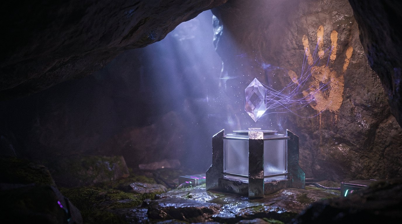 An ancient ochre handprint on a cave wall, the pigment lifting off the rock as thousands of fine glowing threads that flow into a floating crystal core