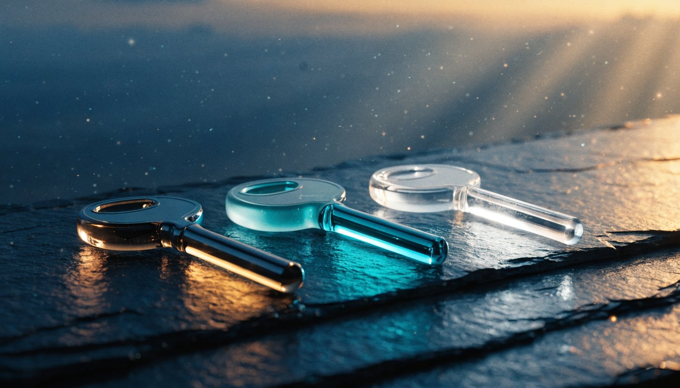 Three glass keys laid side by side on dark slate, each lit from within by a different light, amber, teal and white, casting coloured reflections