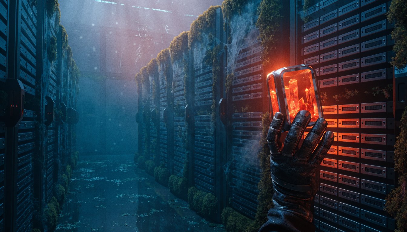 An abandoned server hall with racks overgrown by moss and dust, one drive bay still glowing, a gloved hand lifting out a glowing crystal drive