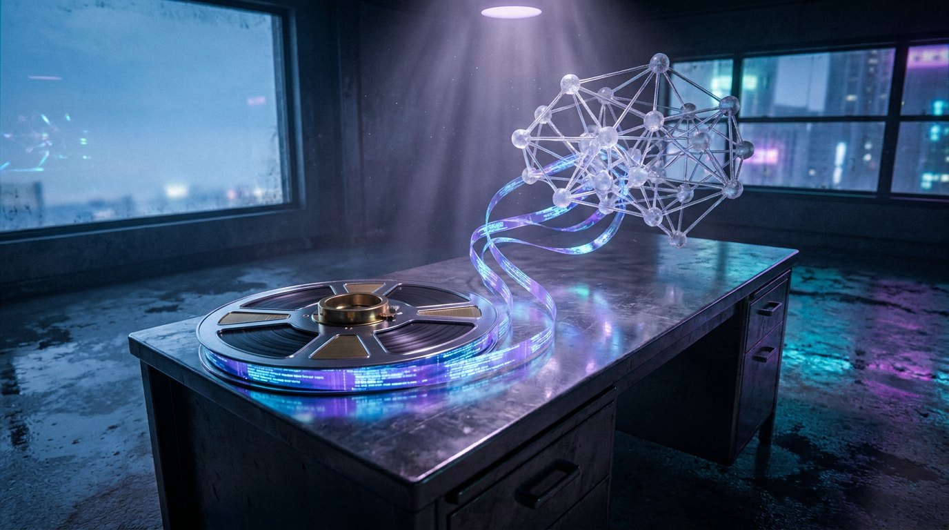 A vintage reel of magnetic computer tape on a steel desk, the tape unspooling into ribbons of luminous code that rise and weave into a translucent glass neural lattice