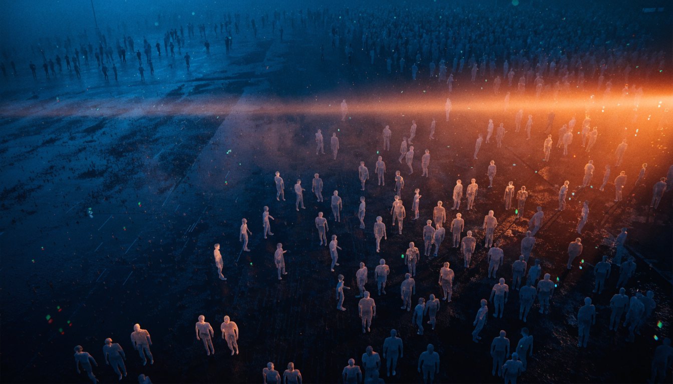A crowd seen from high above as small frosted-glass figures on a dark plaza, a thin horizontal scanning beam of light passing over them, every figure anonymous and blurred