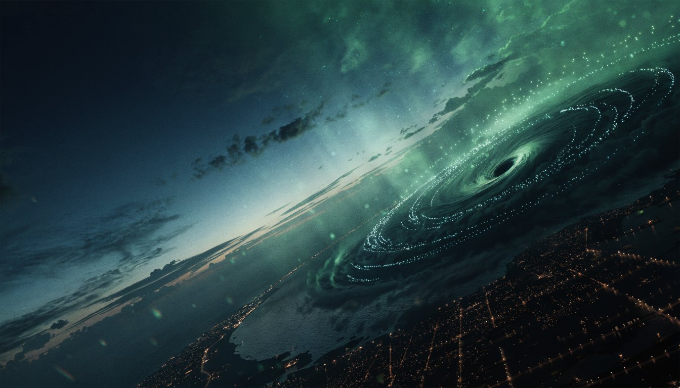 A hurricane seen from orbit at night over a coastline, its spiral arms traced by thousands of tiny glowing signal points converging on the city lights below