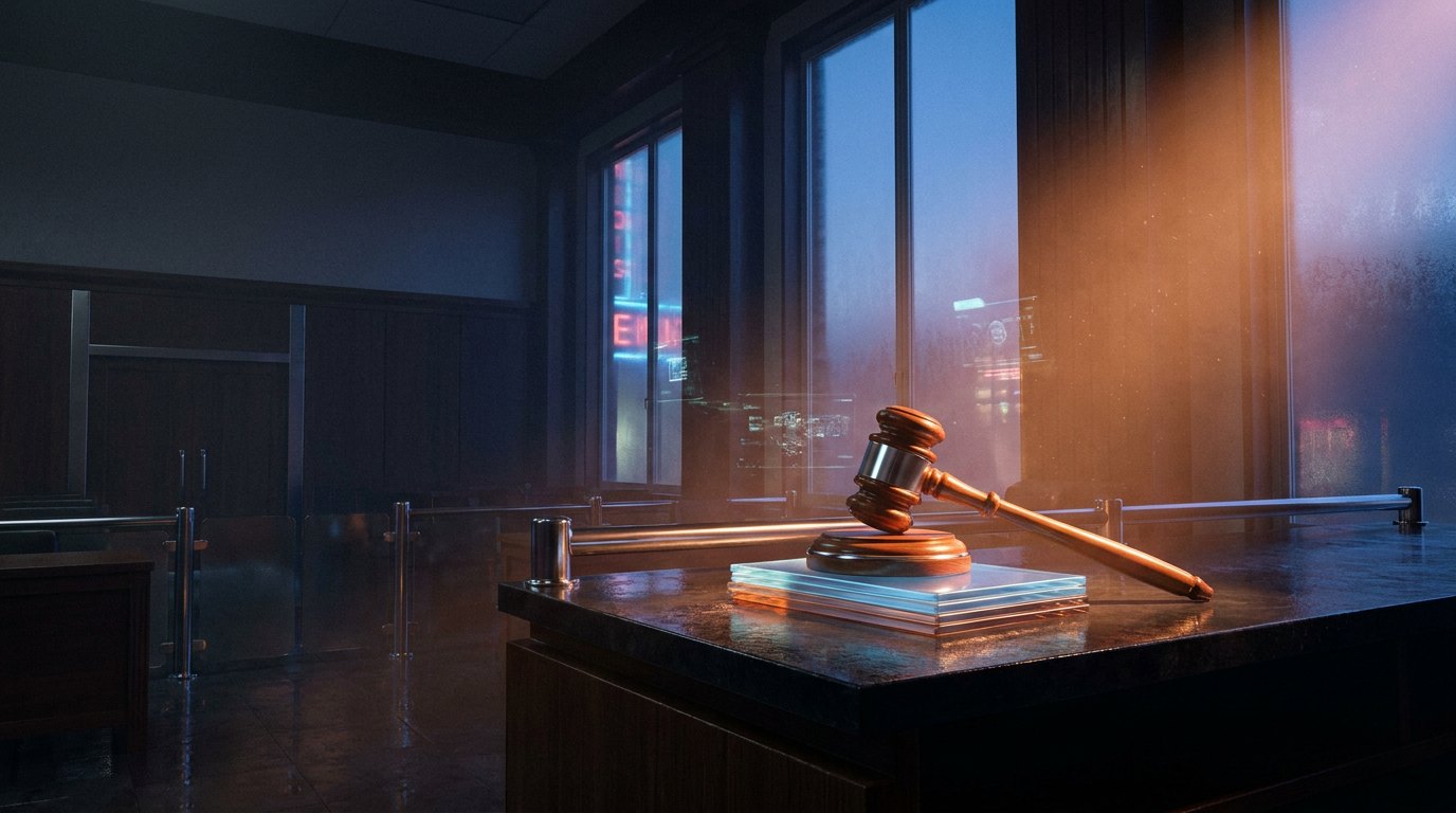 An empty courtroom at dusk, a wooden judge's gavel resting on a stack of thin glowing glass data tablets on the bench