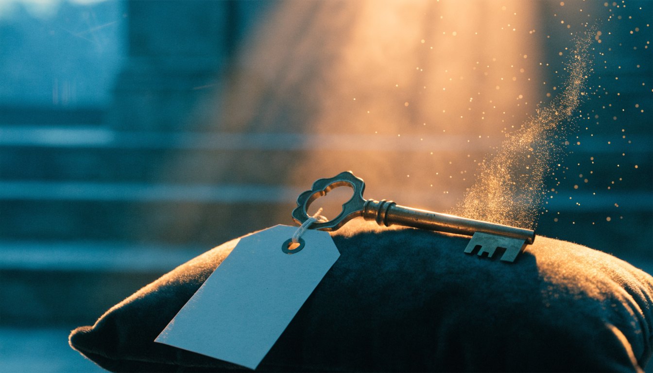 An antique brass key lying on a dark velvet auction cushion under a single spotlight, its far end dissolving into a stream of glowing golden data particles drifting up and away, a blank paper price tag tied to it