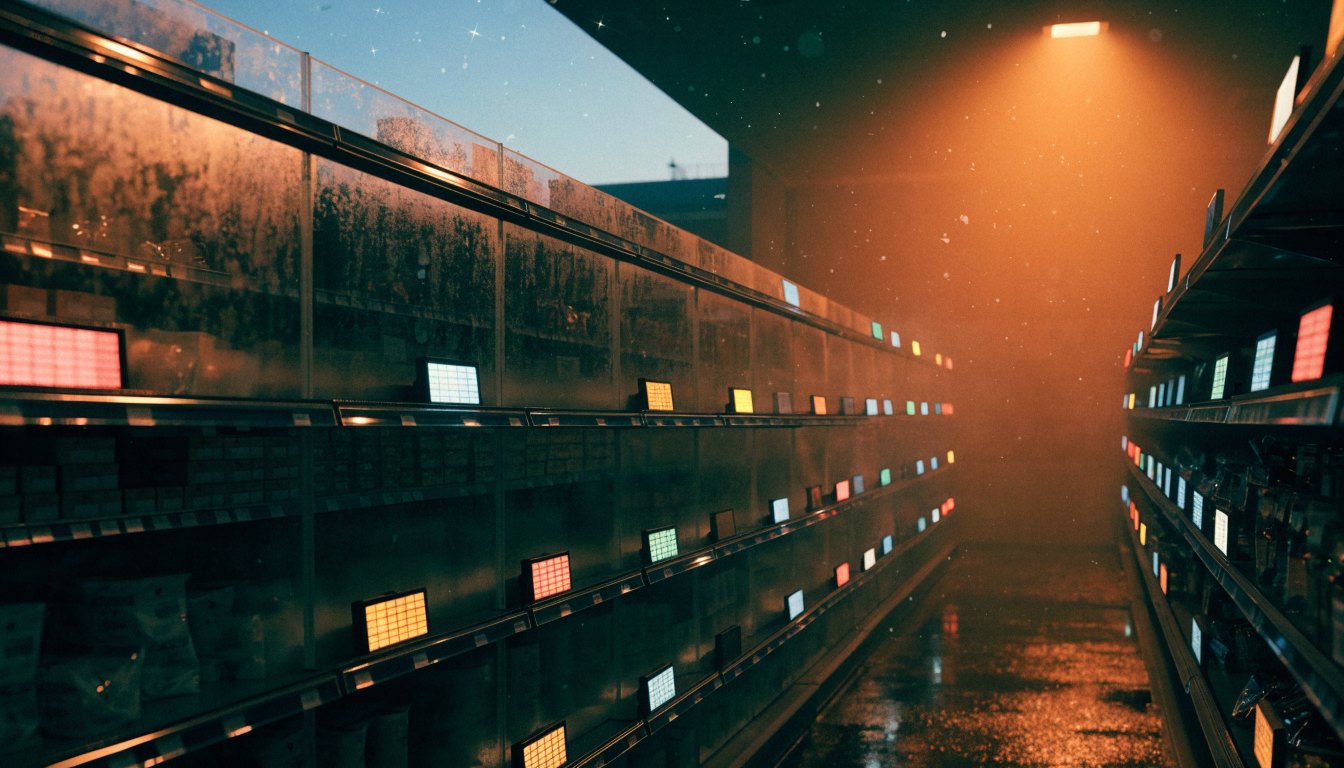 A long supermarket aisle at night, the electronic price labels along the shelves glowing and each showing a different blank price display